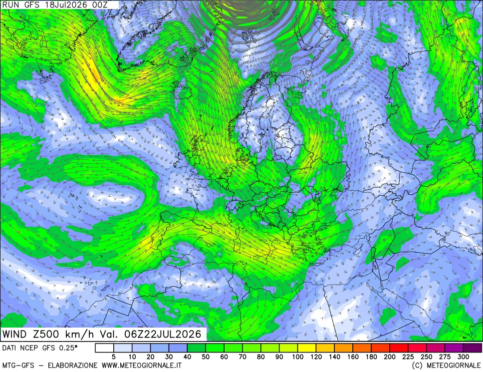 mappa 500 hPa Vento forza e direzione