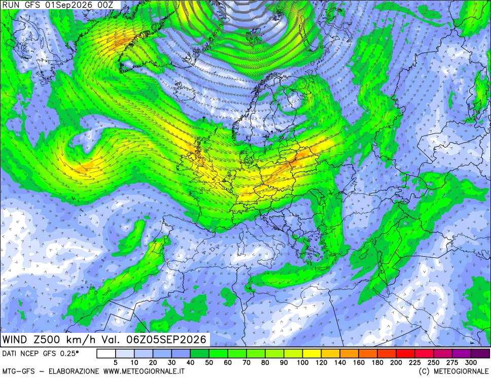 mappa 500 hPa Vento forza e direzione