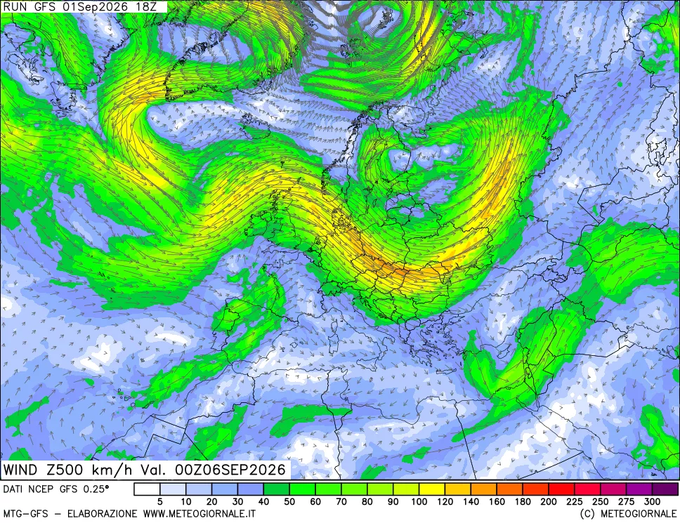 mappa 500 hPa Vento forza e direzione