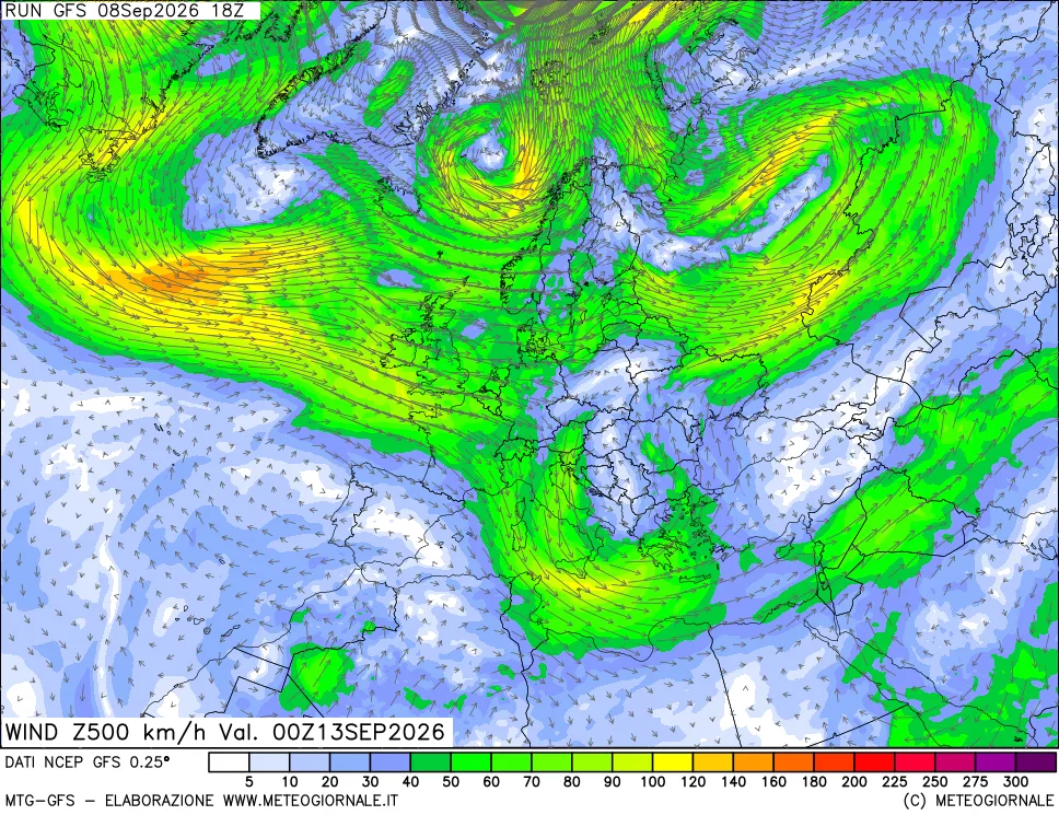 mappa 500 hPa Vento forza e direzione