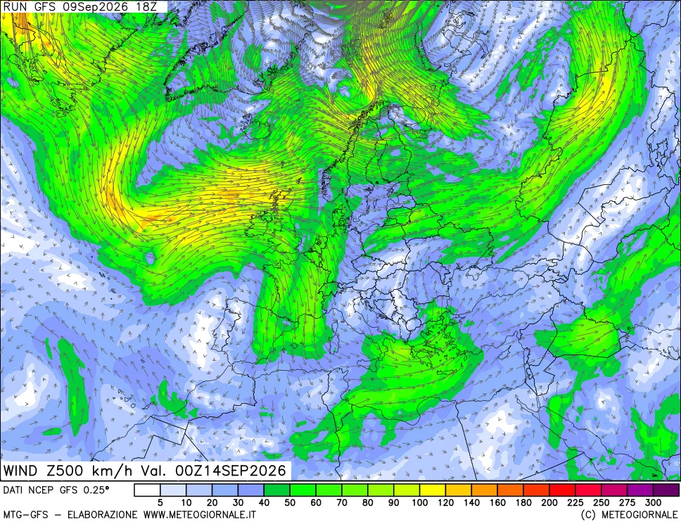 mappa 500 hPa Vento forza e direzione