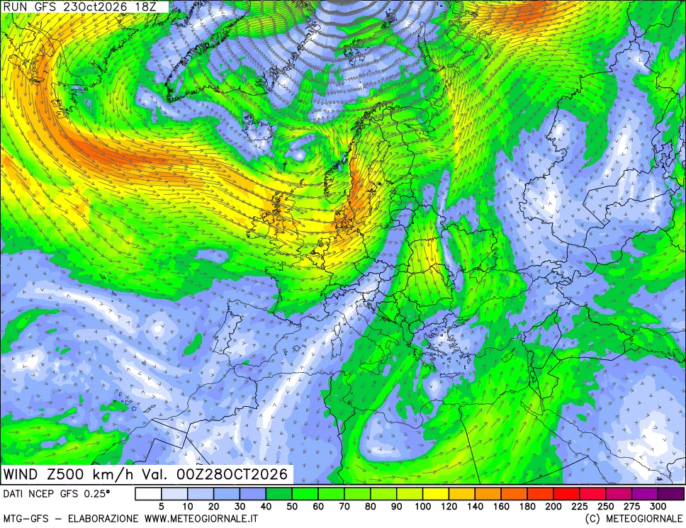 mappa 500 hPa Vento forza e direzione