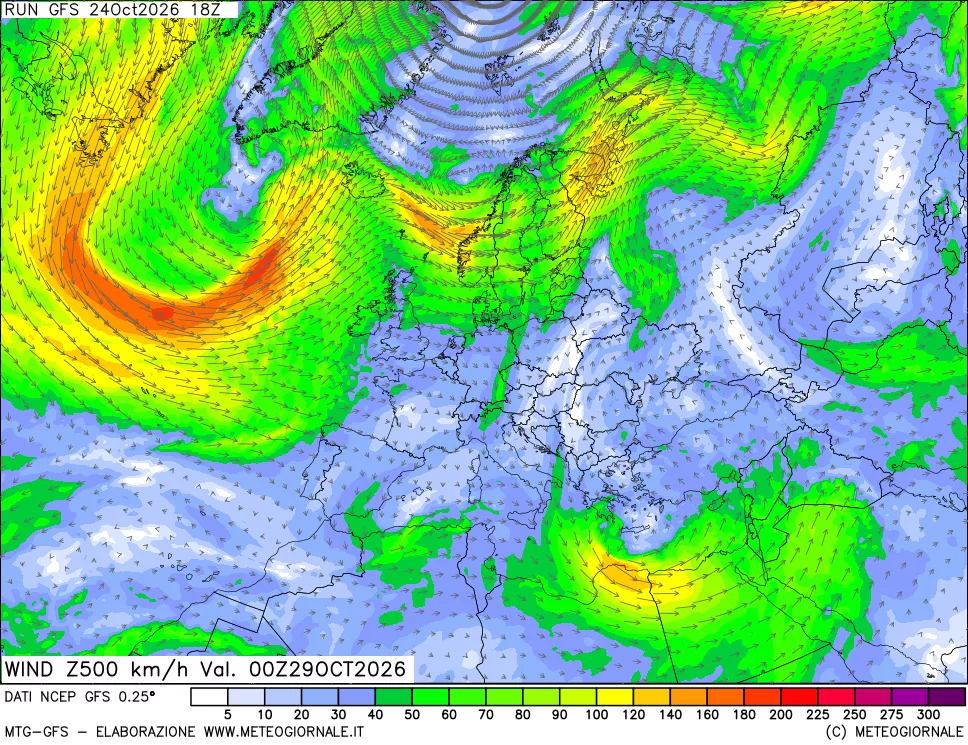 mappa 500 hPa Vento forza e direzione