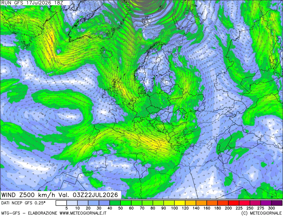mappa 500 hPa Vento forza e direzione