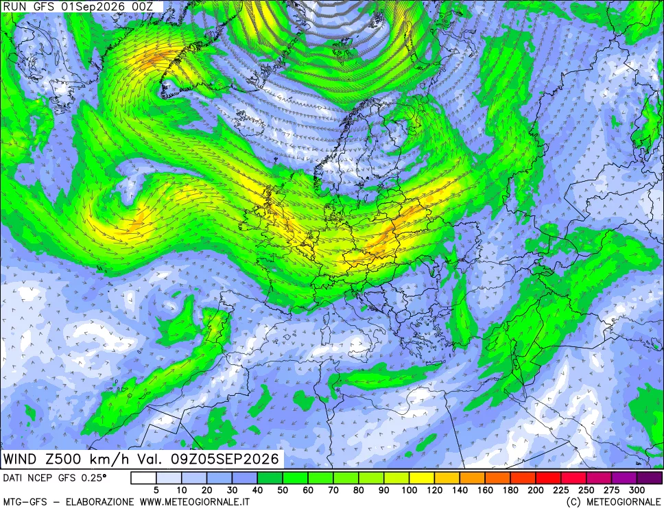 mappa 500 hPa Vento forza e direzione