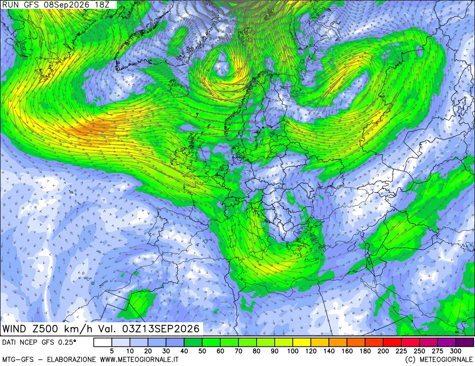 mappa 500 hPa Vento forza e direzione