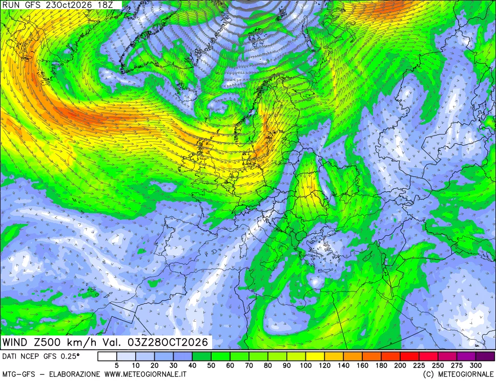 mappa 500 hPa Vento forza e direzione