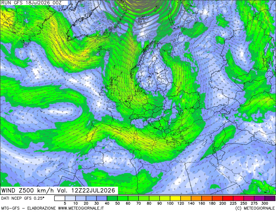 mappa 500 hPa Vento forza e direzione