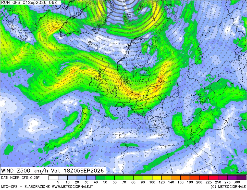 mappa 500 hPa Vento forza e direzione