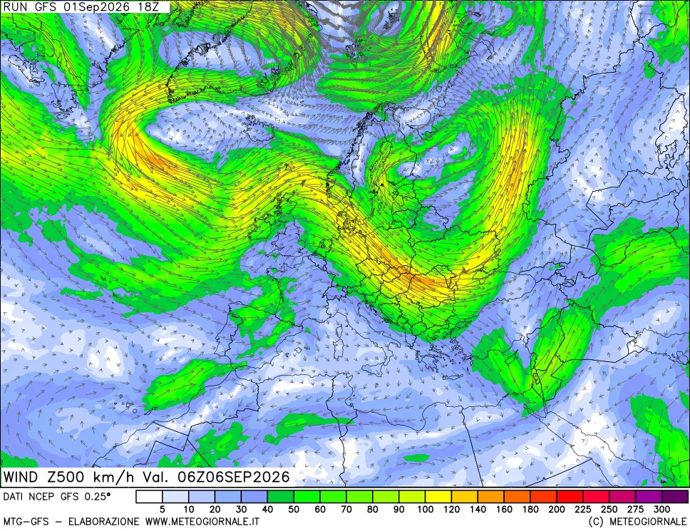mappa 500 hPa Vento forza e direzione