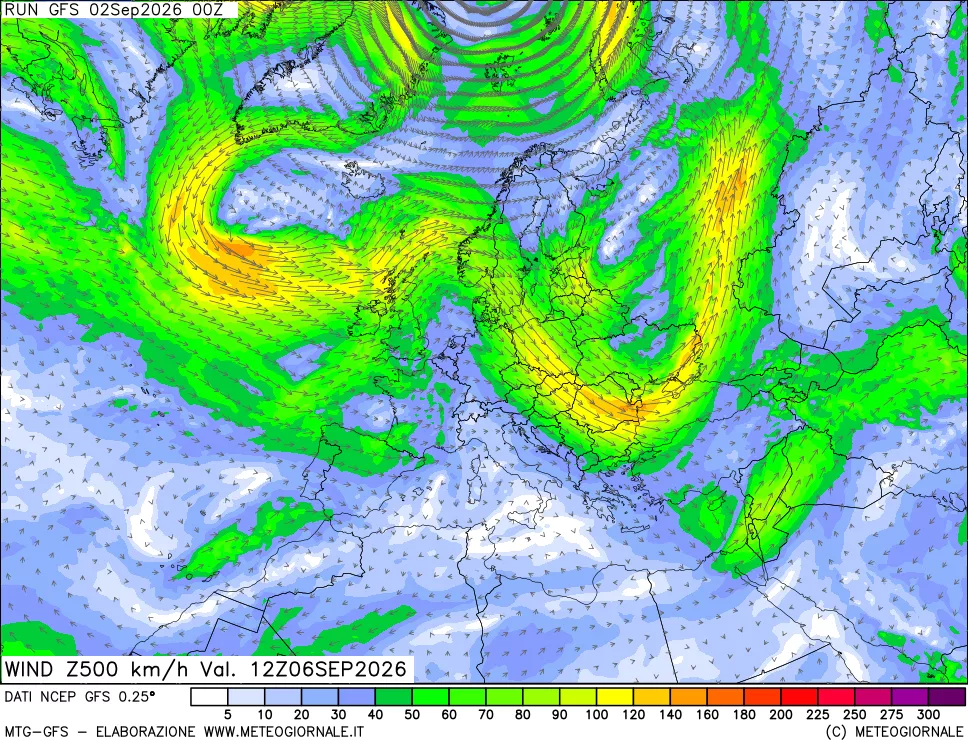 mappa 500 hPa Vento forza e direzione