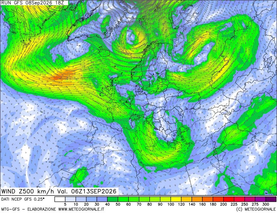 mappa 500 hPa Vento forza e direzione