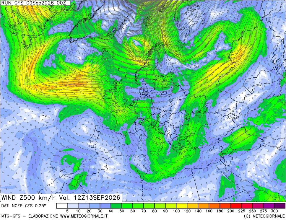 mappa 500 hPa Vento forza e direzione