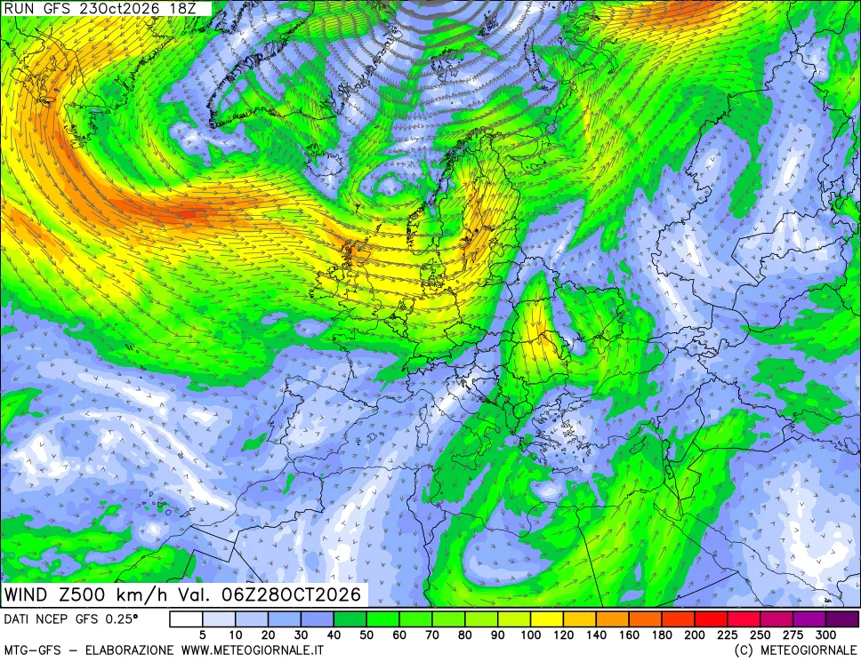 mappa 500 hPa Vento forza e direzione