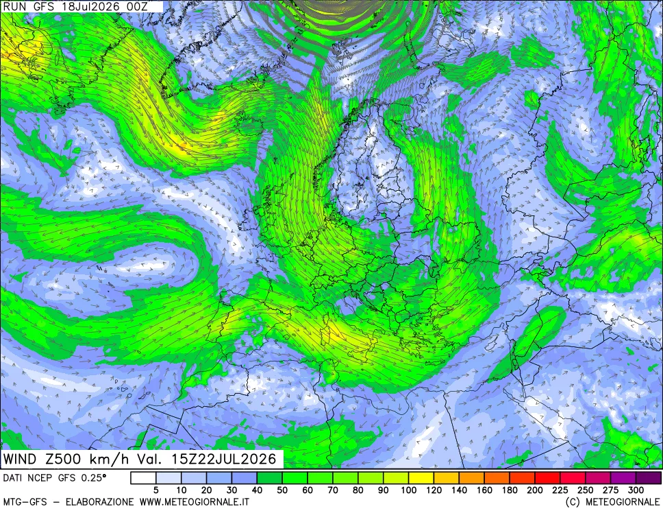 mappa 500 hPa Vento forza e direzione