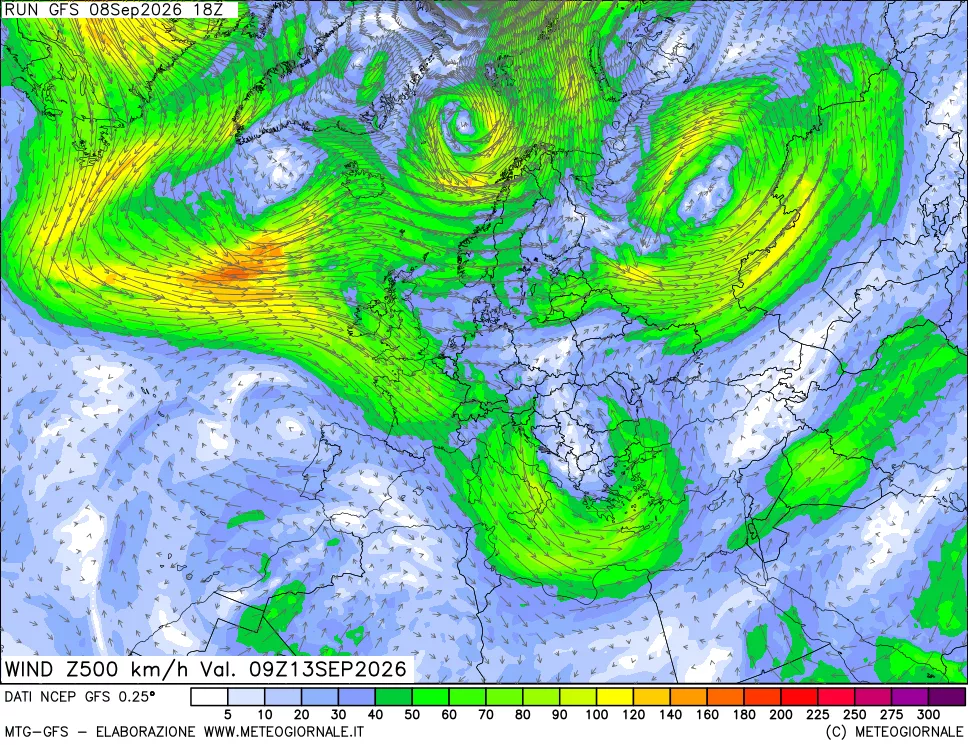 mappa 500 hPa Vento forza e direzione