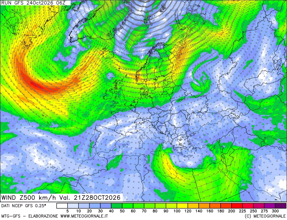 mappa 500 hPa Vento forza e direzione