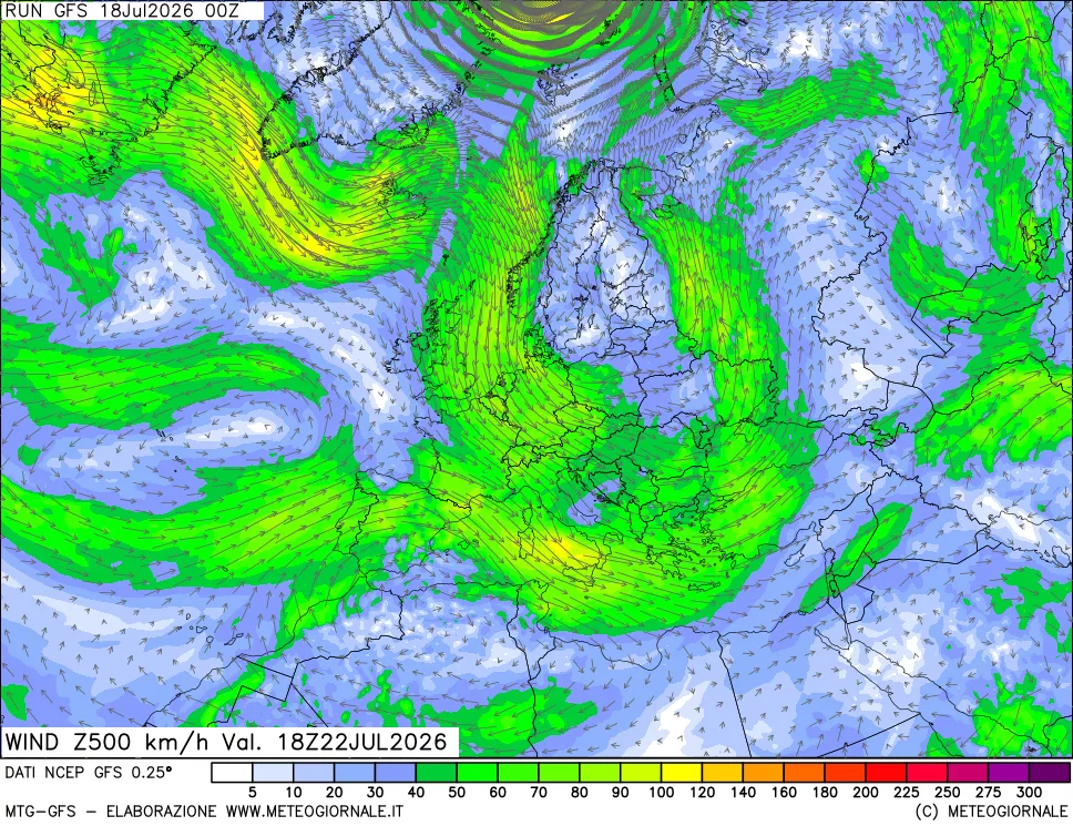 mappa 500 hPa Vento forza e direzione