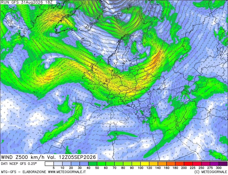 mappa 500 hPa Vento forza e direzione