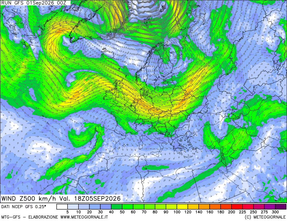 mappa 500 hPa Vento forza e direzione