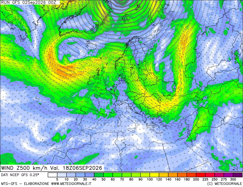mappa 500 hPa Vento forza e direzione