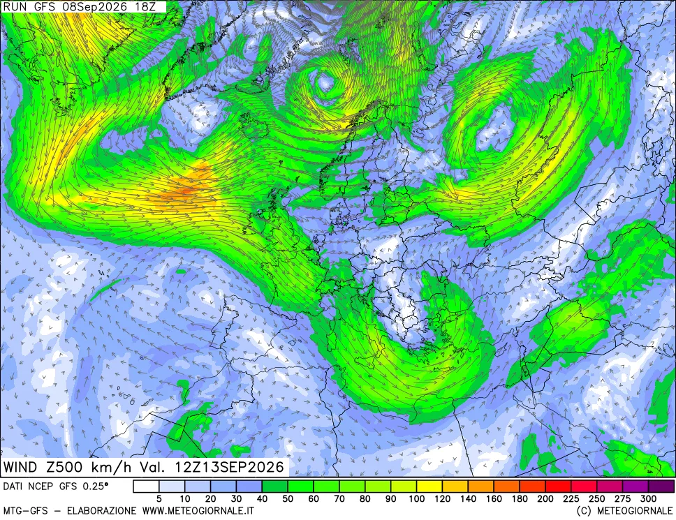 mappa 500 hPa Vento forza e direzione