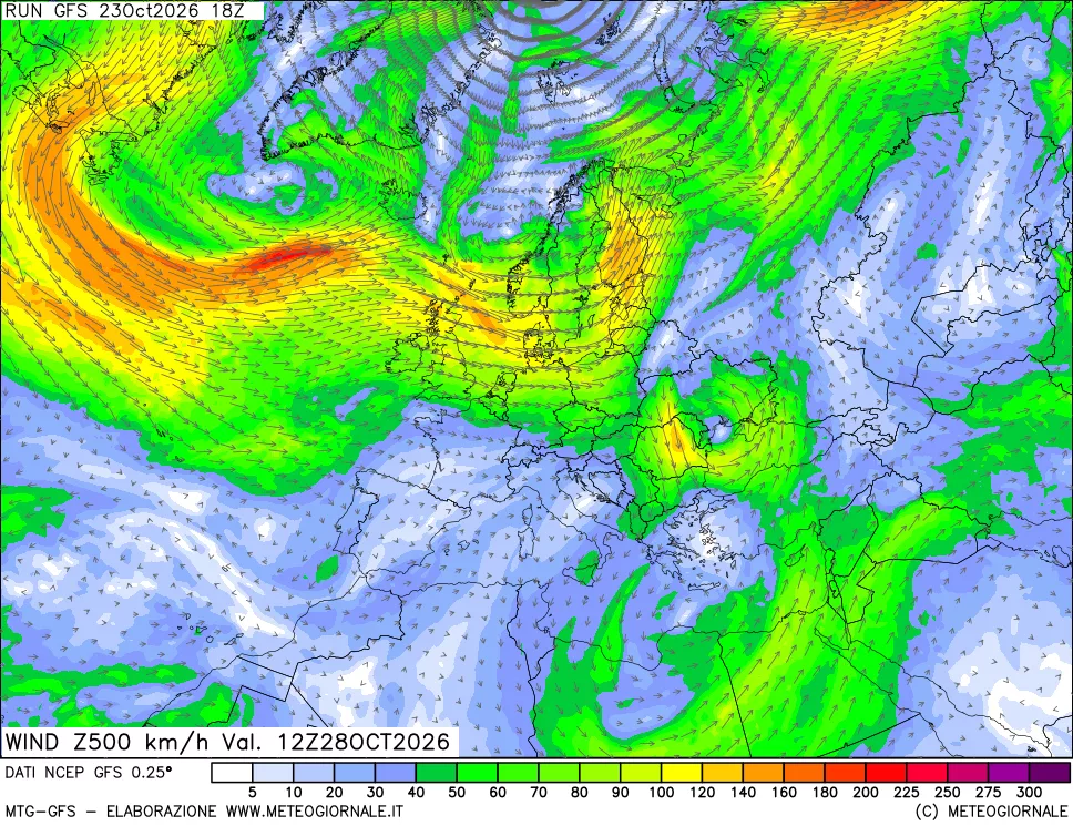mappa 500 hPa Vento forza e direzione