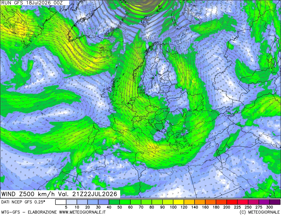 mappa 500 hPa Vento forza e direzione
