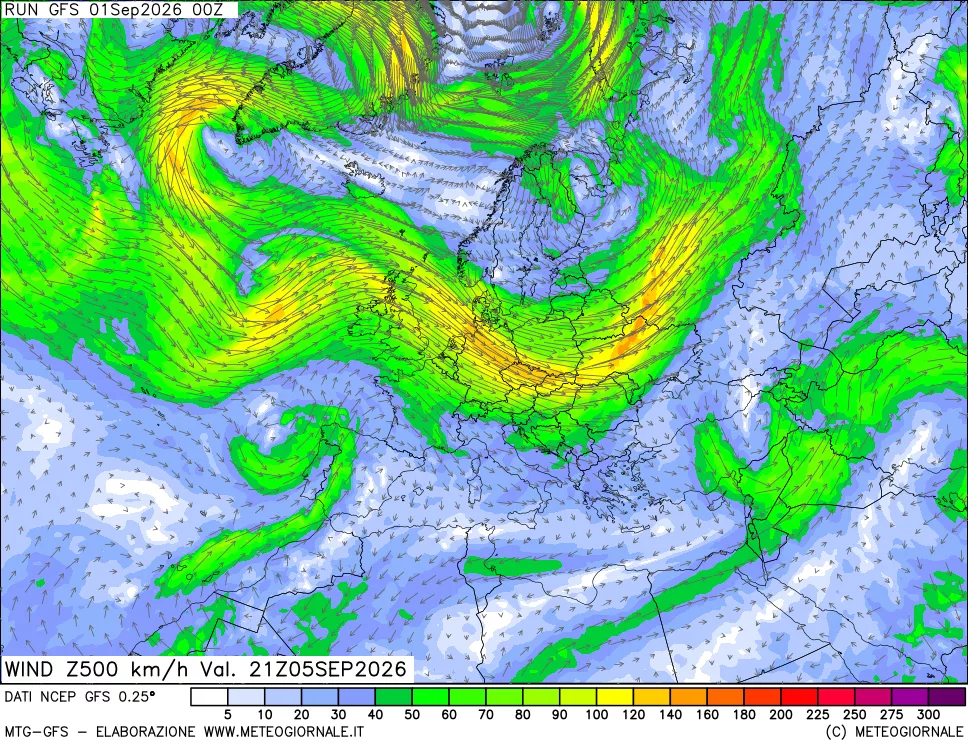 mappa 500 hPa Vento forza e direzione