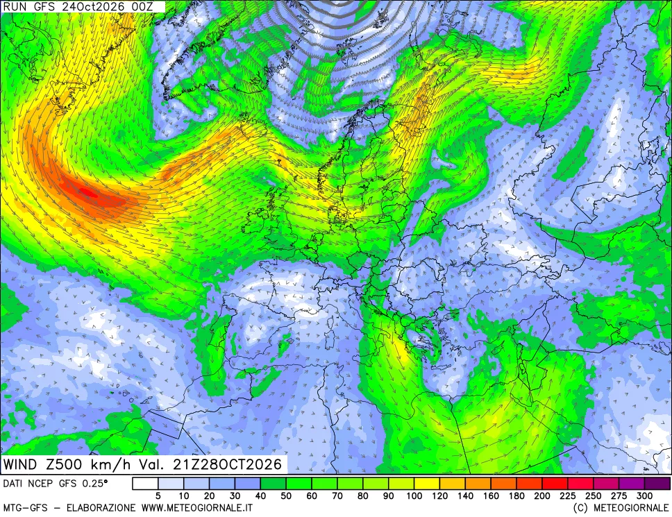mappa 500 hPa Vento forza e direzione