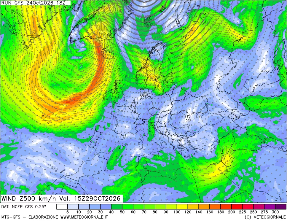 mappa 500 hPa Vento forza e direzione