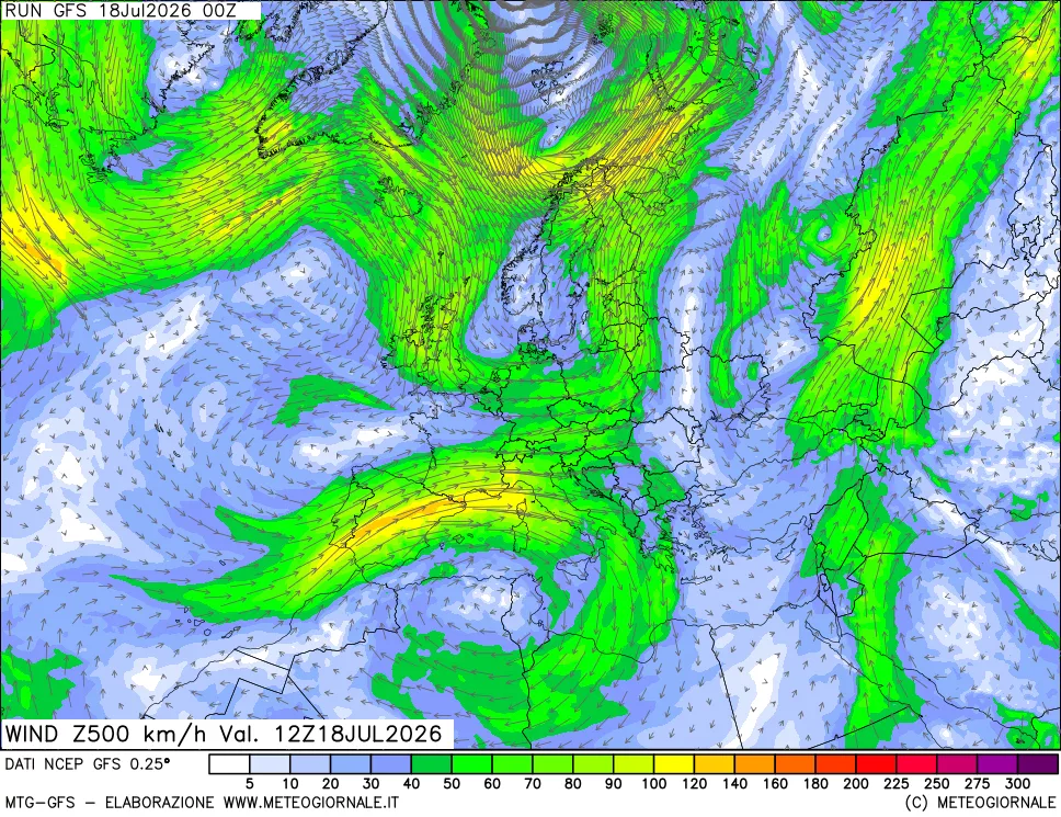 mappa 500 hPa Vento forza e direzione