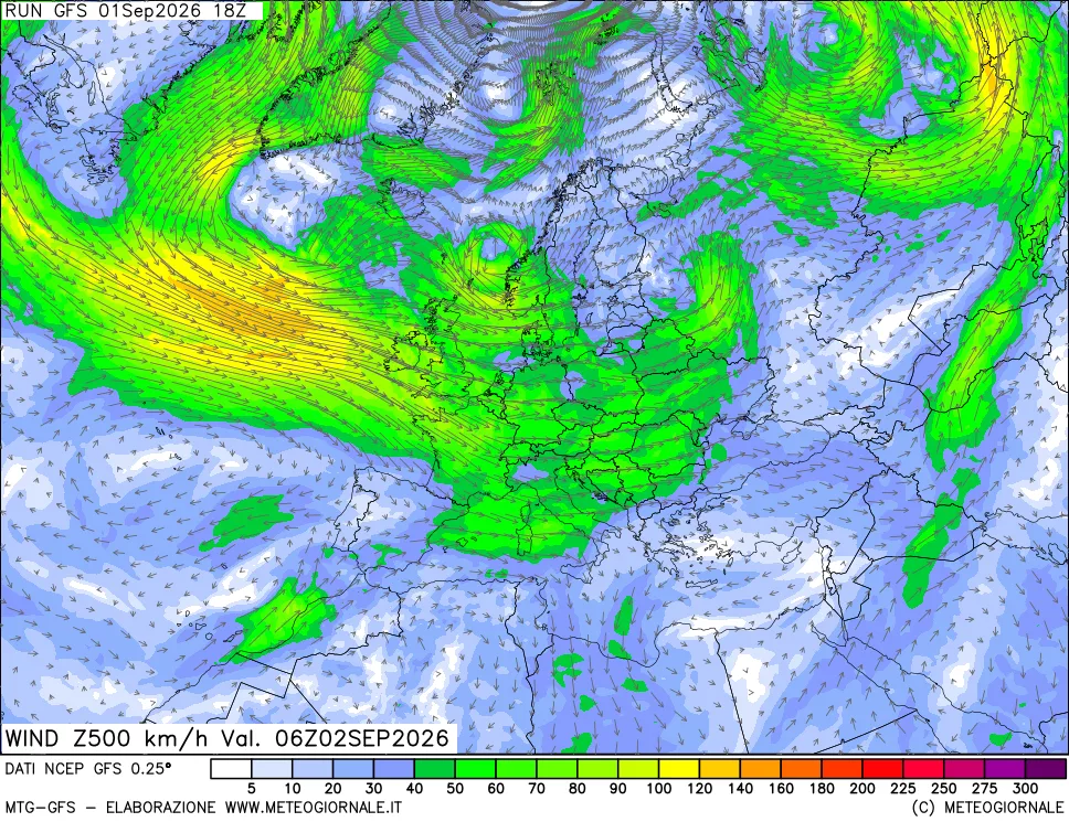 mappa 500 hPa Vento forza e direzione