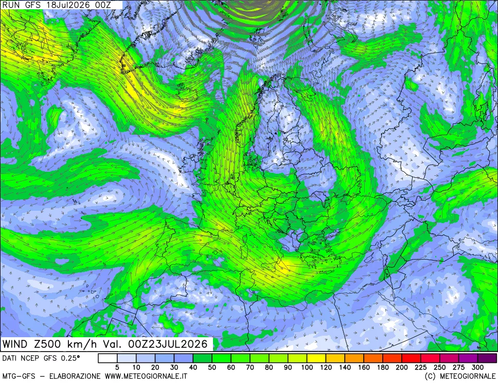 mappa 500 hPa Vento forza e direzione