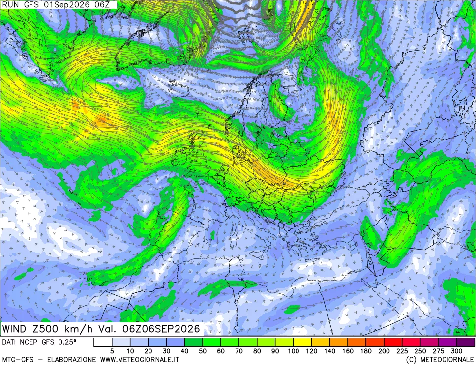 mappa 500 hPa Vento forza e direzione