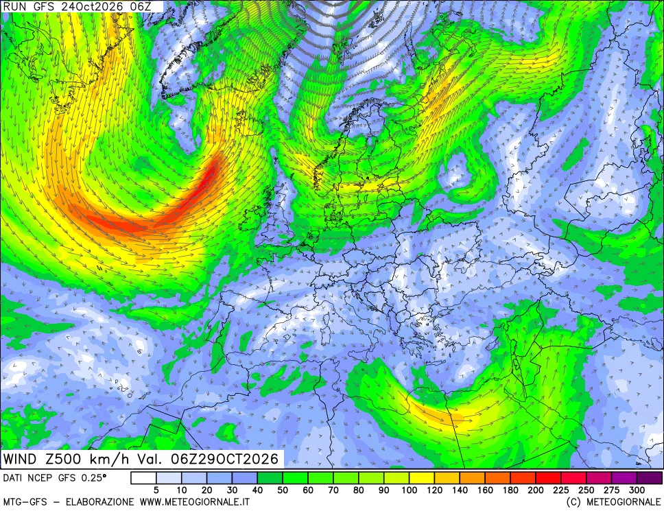 mappa 500 hPa Vento forza e direzione