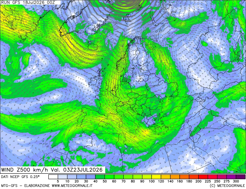 mappa 500 hPa Vento forza e direzione
