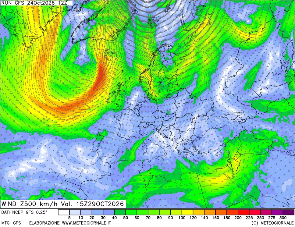mappa 500 hPa Vento forza e direzione