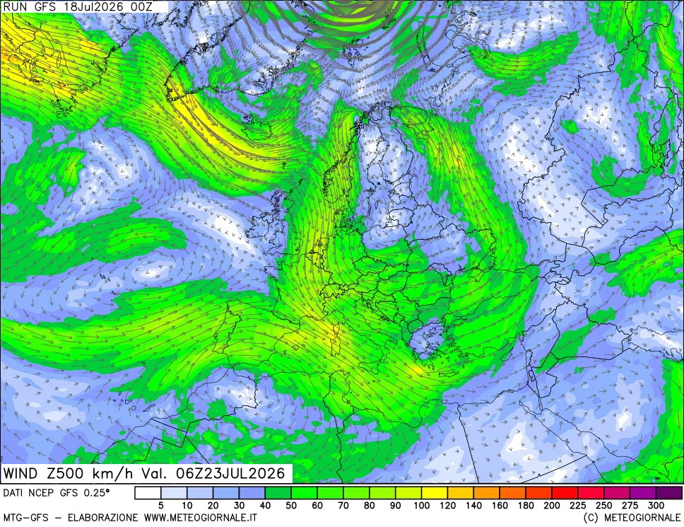 mappa 500 hPa Vento forza e direzione