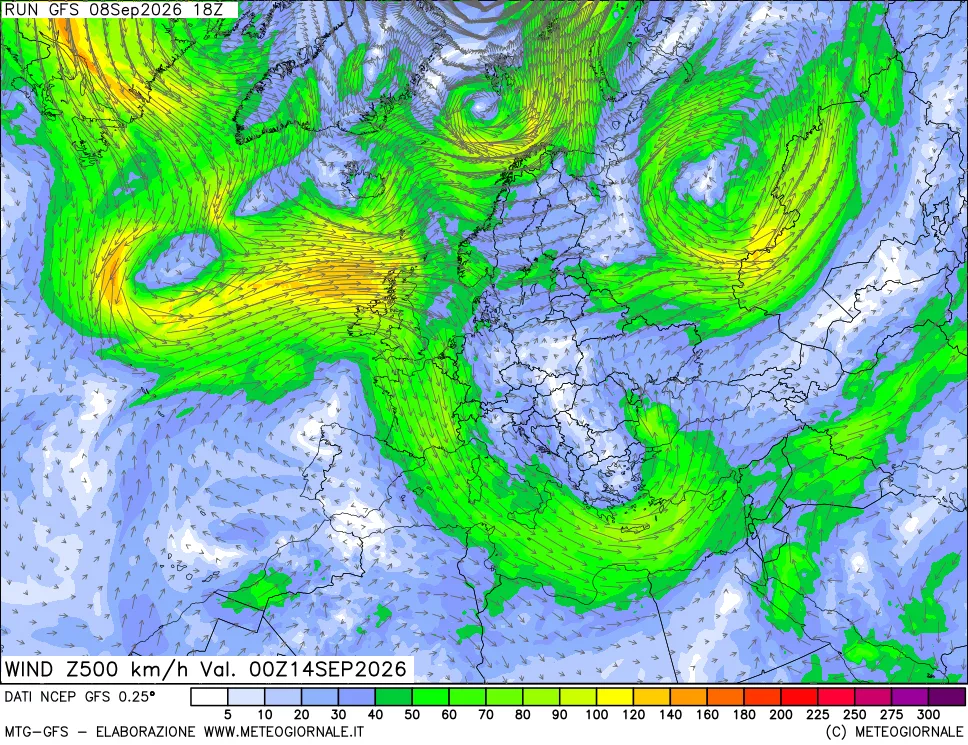 mappa 500 hPa Vento forza e direzione