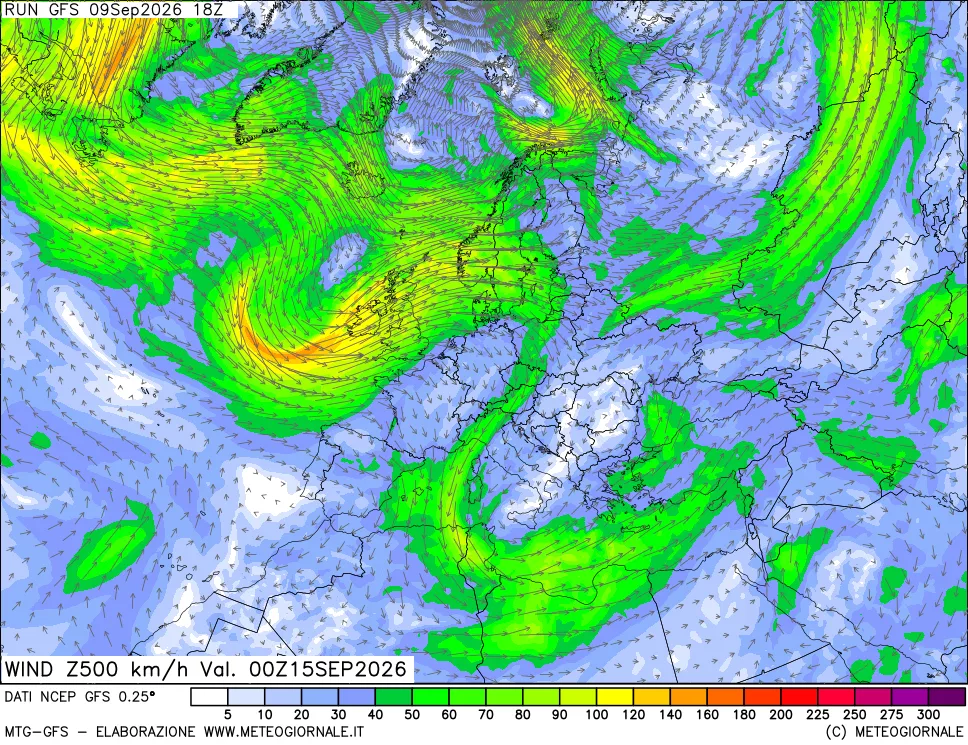 mappa 500 hPa Vento forza e direzione