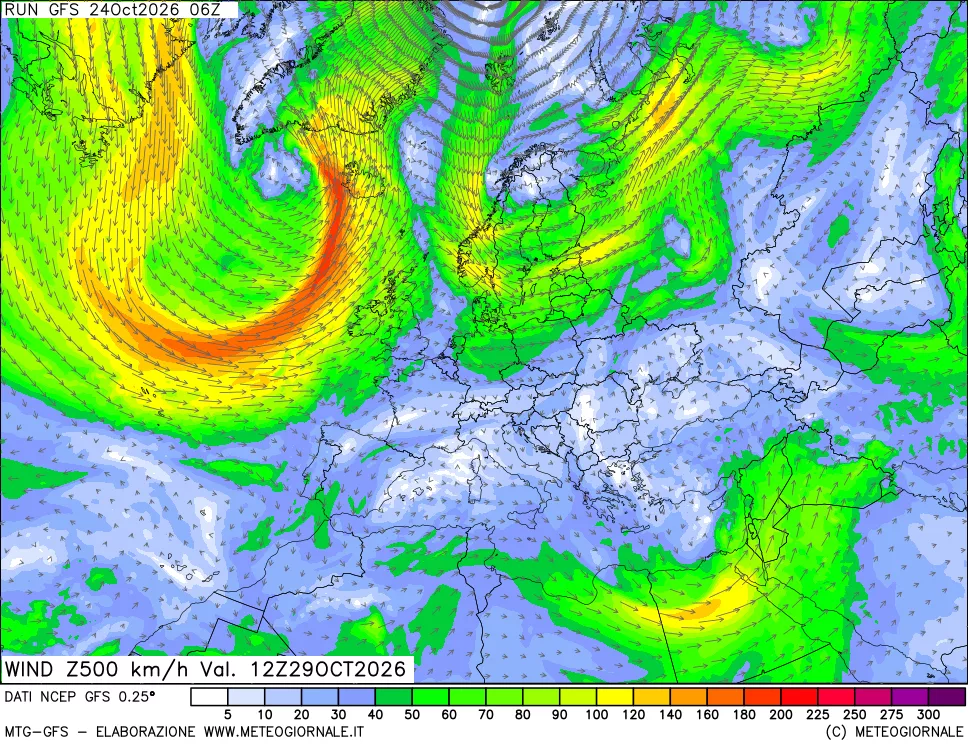 mappa 500 hPa Vento forza e direzione