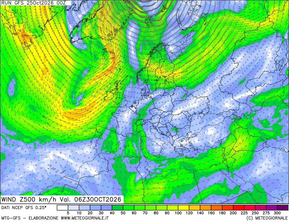 mappa 500 hPa Vento forza e direzione