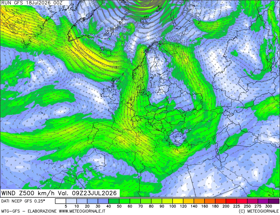 mappa 500 hPa Vento forza e direzione