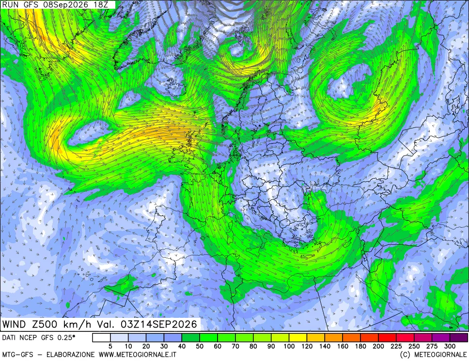 mappa 500 hPa Vento forza e direzione