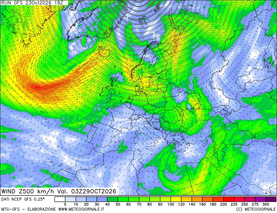 mappa 500 hPa Vento forza e direzione