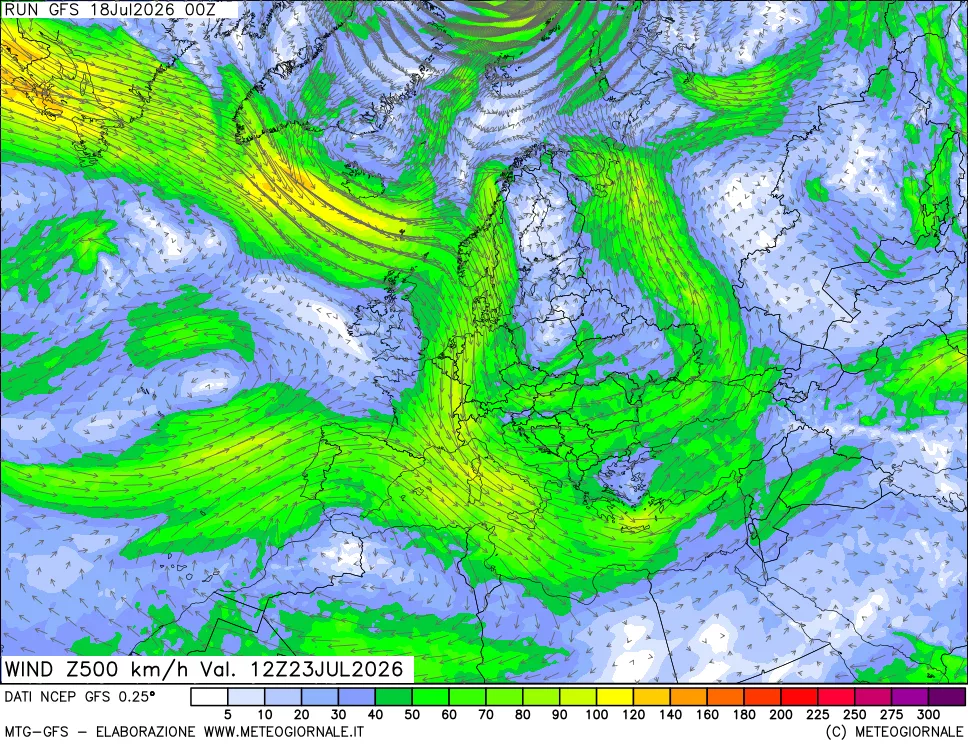 mappa 500 hPa Vento forza e direzione