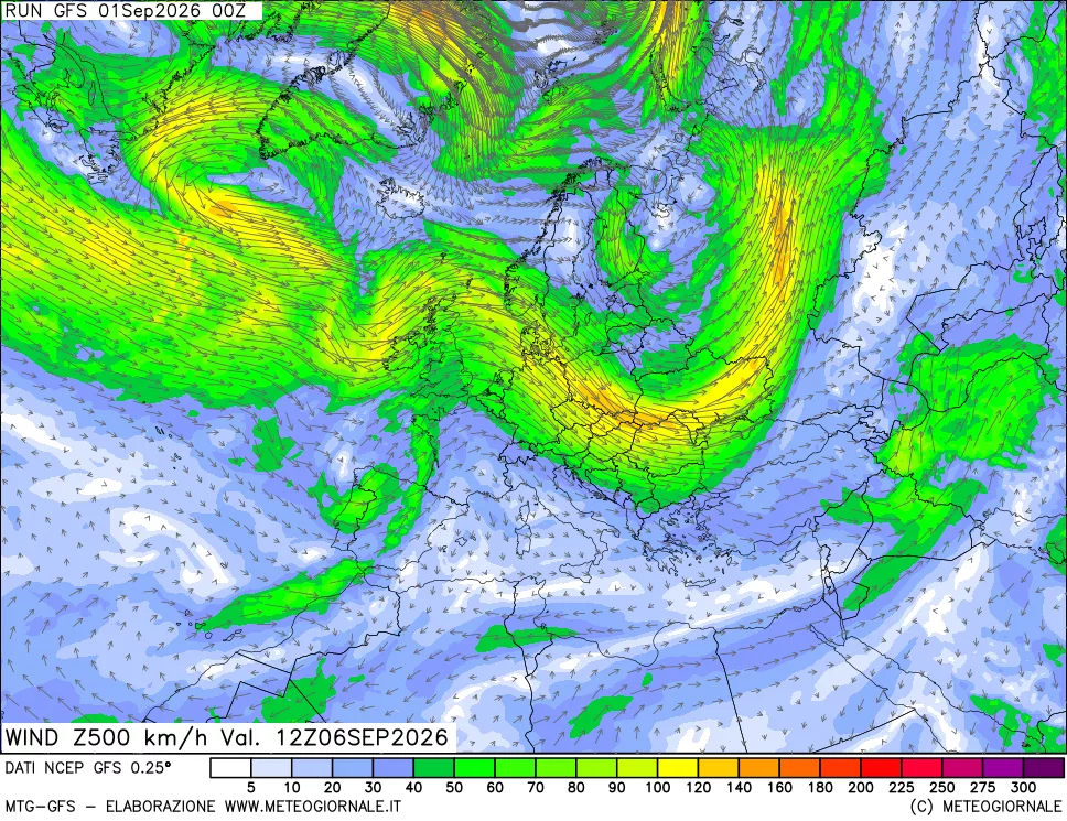 mappa 500 hPa Vento forza e direzione