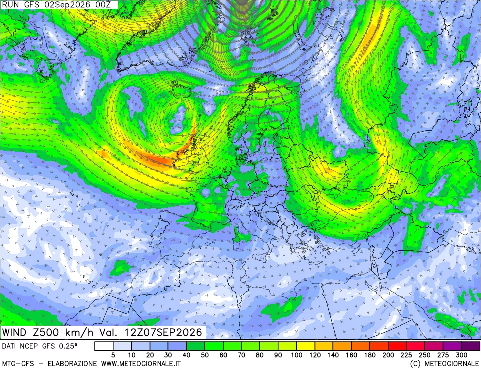 mappa 500 hPa Vento forza e direzione