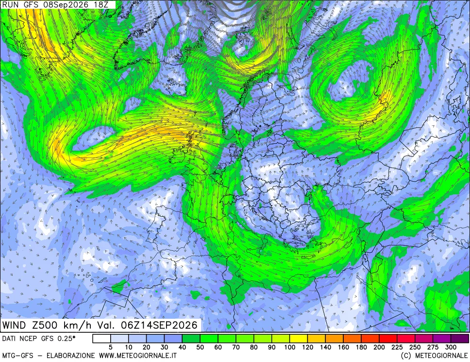 mappa 500 hPa Vento forza e direzione